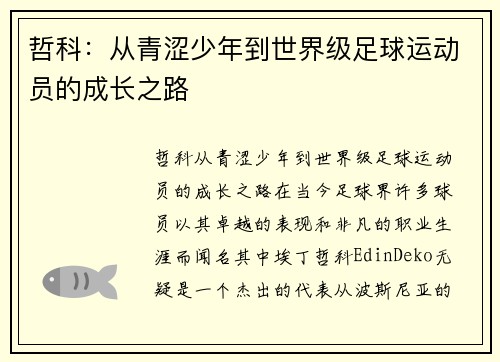 哲科：从青涩少年到世界级足球运动员的成长之路